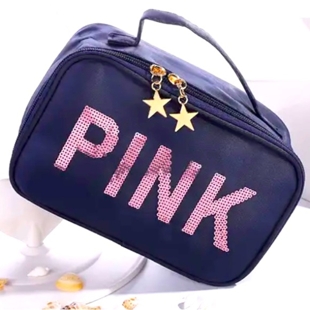 Navy and pink make up or travel bag, collapsible